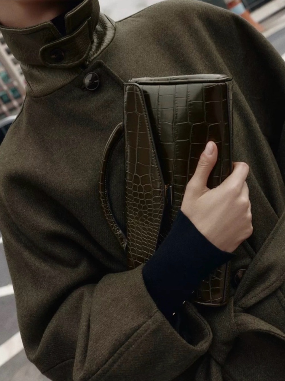 Zara Croc-Embossed Top-Handle Clutch Bag Olive